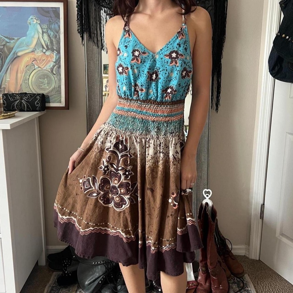 Cassees Boho Floral Midi Dress Teal Brown Smocked Waist Y2K 2000s Cotton Medium - Picture 2 of 6